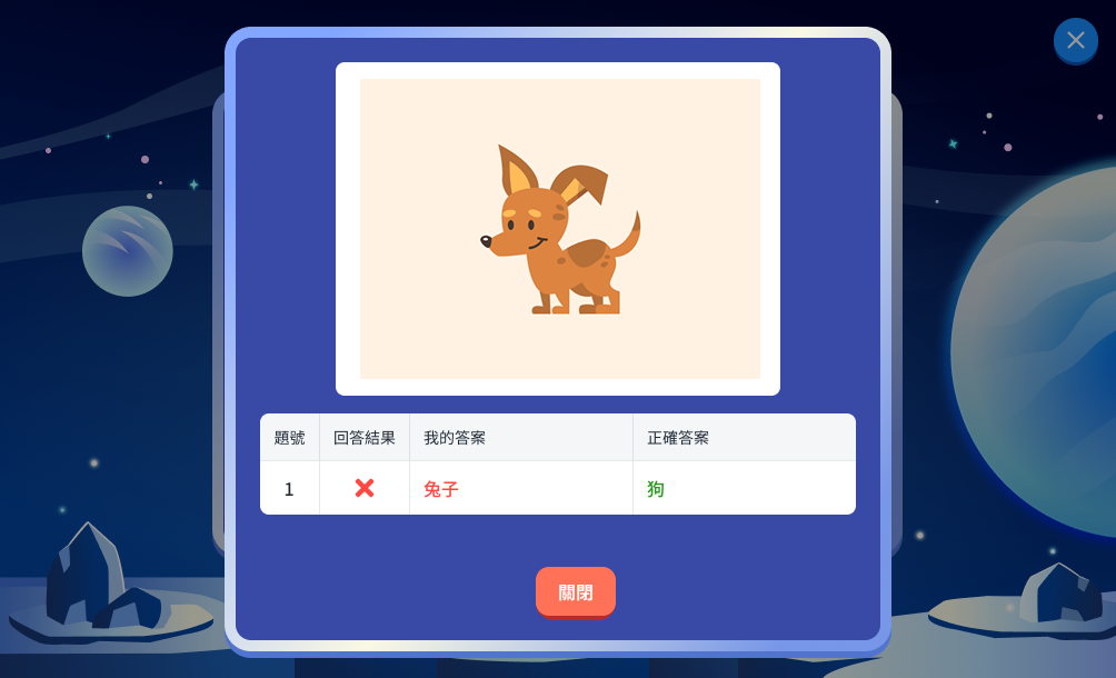 答題詳情：上方顯示題目圖片，下方表格比對我的答案與正確答案